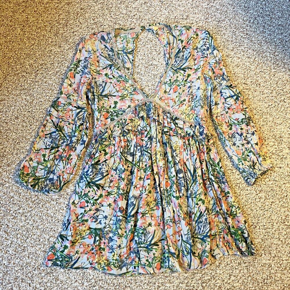 Anthropologie Raga Womens Mini Dress Size M Floral Boho Beachy Cottage Crochet